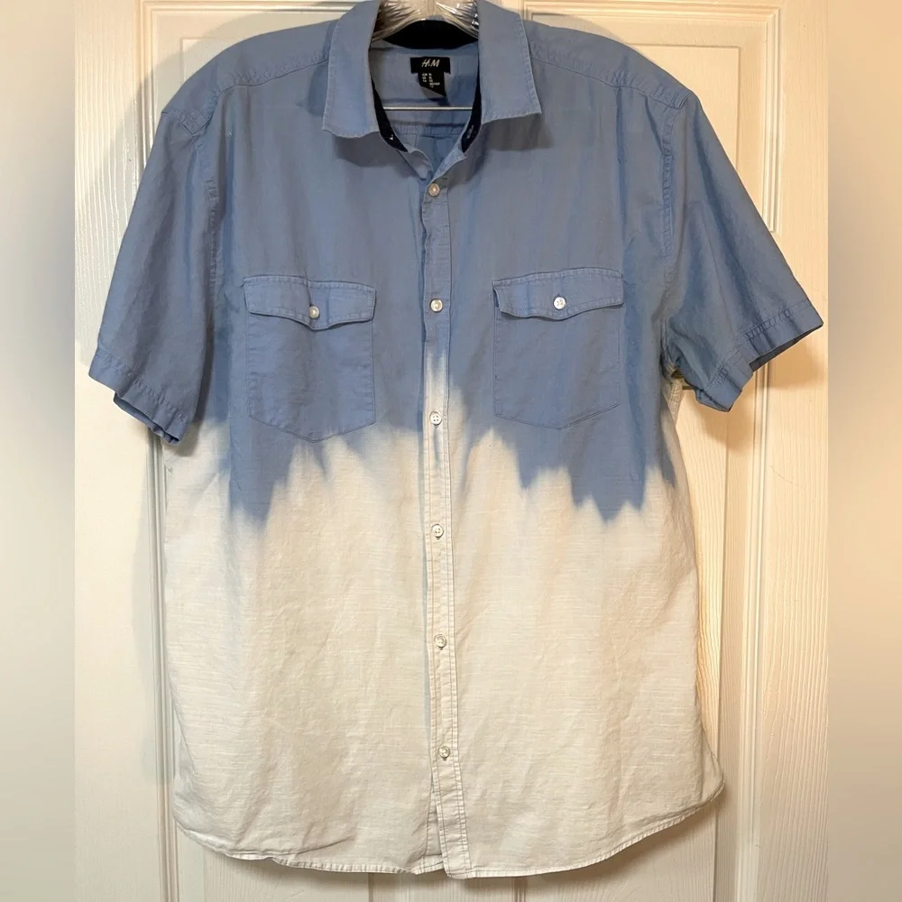 H & M Blue Short Sleeve Button Up Blue & White Tie Dye Shirt Size XL - Picture 2 of 6